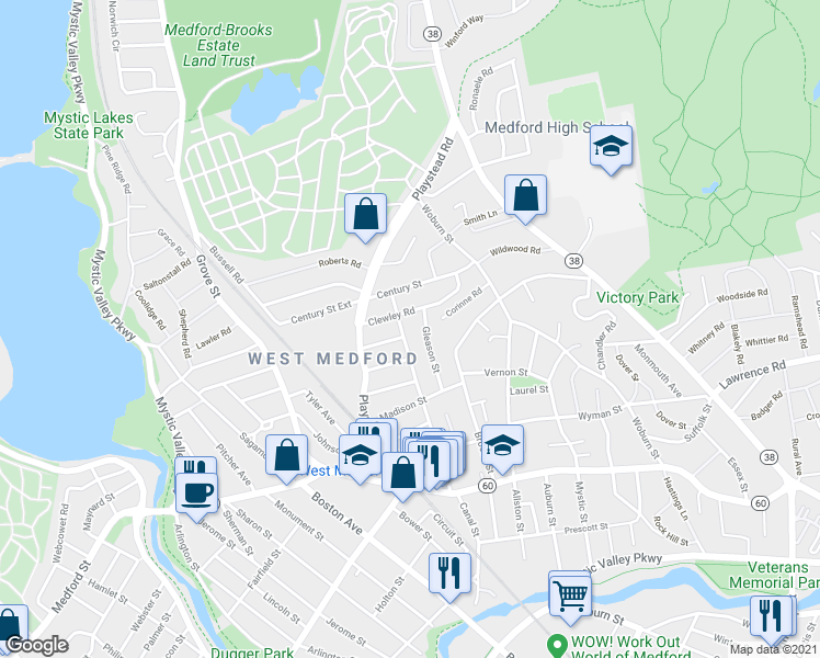 map of restaurants, bars, coffee shops, grocery stores, and more near 117 Warren Street in Medford