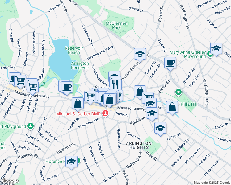 map of restaurants, bars, coffee shops, grocery stores, and more near 3 Park Avenue in Arlington