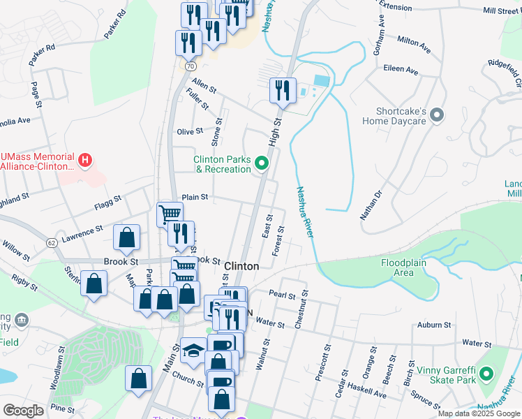 map of restaurants, bars, coffee shops, grocery stores, and more near 284 East Street in Clinton