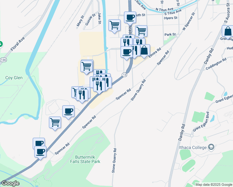map of restaurants, bars, coffee shops, grocery stores, and more near 321 Elmira Road in Ithaca