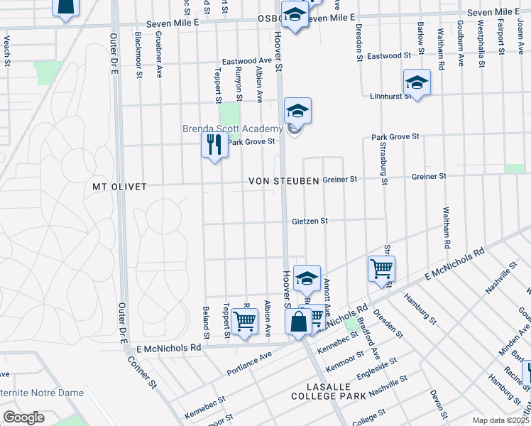 map of restaurants, bars, coffee shops, grocery stores, and more near 17844 Albion Avenue in Detroit