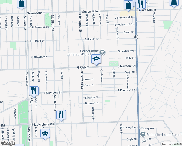 map of restaurants, bars, coffee shops, grocery stores, and more near 6751 Varjo Street in Hamtramck