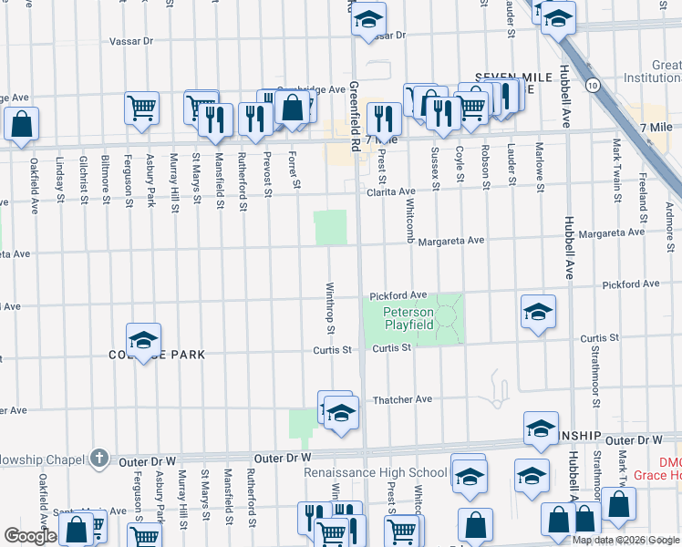 map of restaurants, bars, coffee shops, grocery stores, and more near 18484 Winthrop Street in Detroit