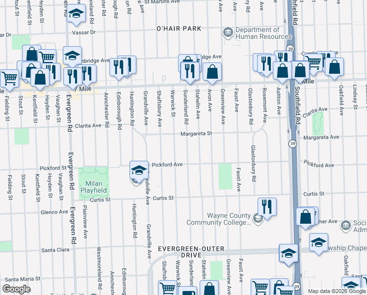 map of restaurants, bars, coffee shops, grocery stores, and more near 18487 Sunderland Road in Detroit