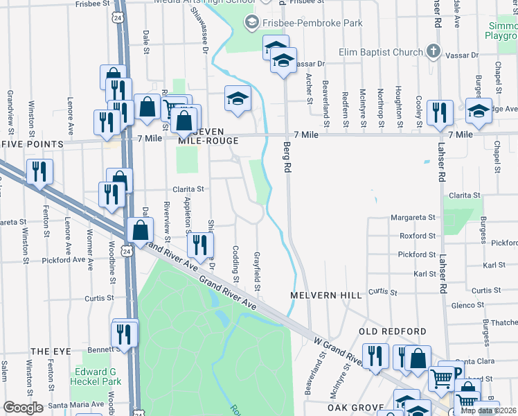 map of restaurants, bars, coffee shops, grocery stores, and more near 18661 Grayfield Street in Detroit
