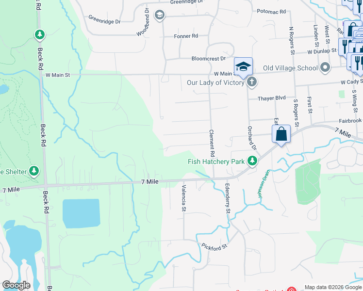 map of restaurants, bars, coffee shops, grocery stores, and more near Frederick Street in Wayne County
