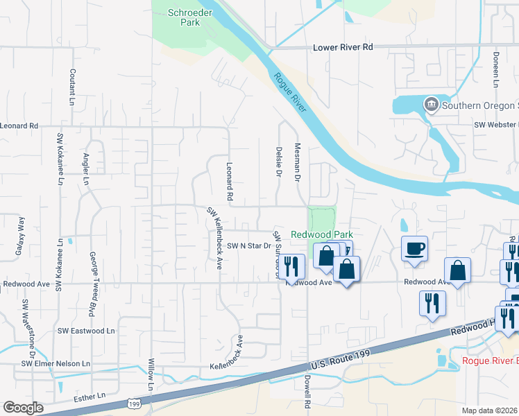 map of restaurants, bars, coffee shops, grocery stores, and more near 1286 Moon Glo Drive in Grants Pass