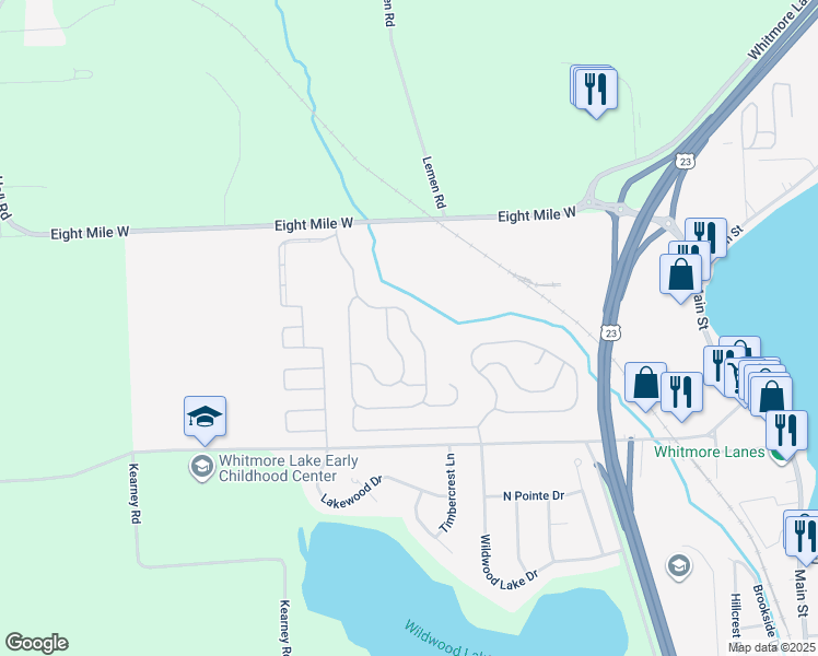 map of restaurants, bars, coffee shops, grocery stores, and more near 10634 Emerald Circle in Whitmore Lake