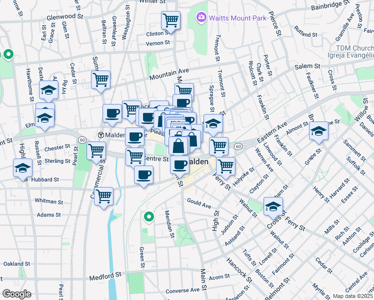 map of restaurants, bars, coffee shops, grocery stores, and more near 389 Main Street in Malden