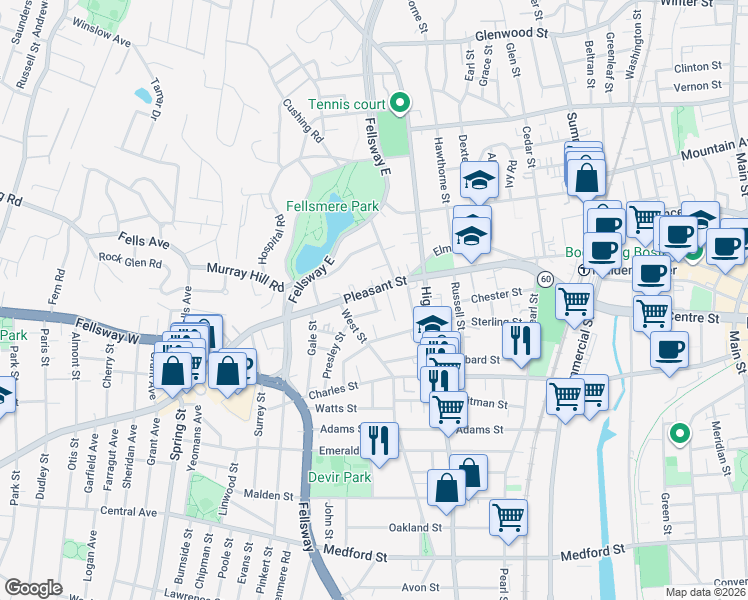 map of restaurants, bars, coffee shops, grocery stores, and more near Holland Street in Malden