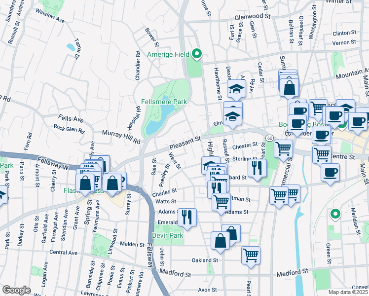 map of restaurants, bars, coffee shops, grocery stores, and more near Holland Street in Malden