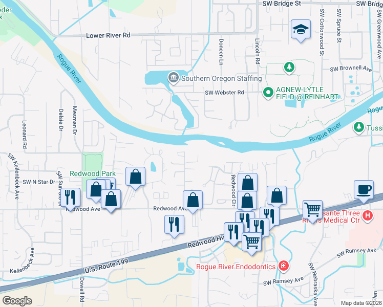map of restaurants, bars, coffee shops, grocery stores, and more near Mist Circle in Grants Pass