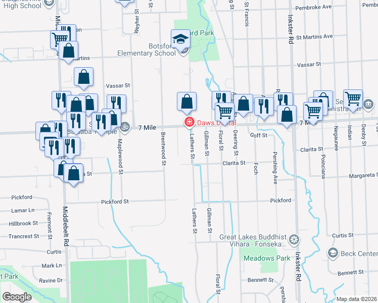 map of restaurants, bars, coffee shops, grocery stores, and more near 18875 Lathers Street in Livonia