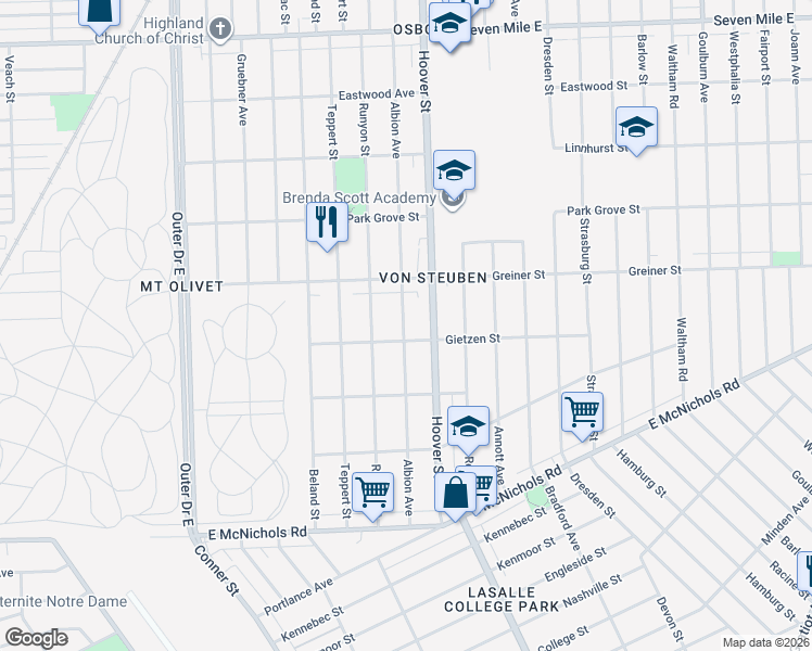map of restaurants, bars, coffee shops, grocery stores, and more near 17844 Albion Avenue in Detroit