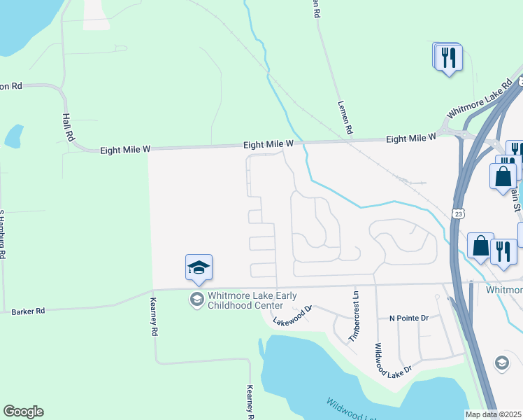 map of restaurants, bars, coffee shops, grocery stores, and more near 634 Turquoise Drive in Whitmore Lake