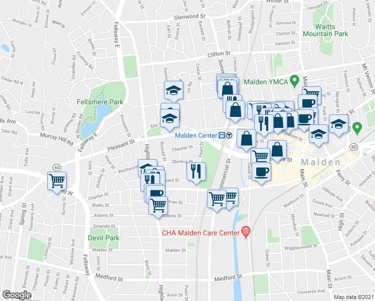 map of restaurants, bars, coffee shops, grocery stores, and more near 26-28 Chester Street in Malden