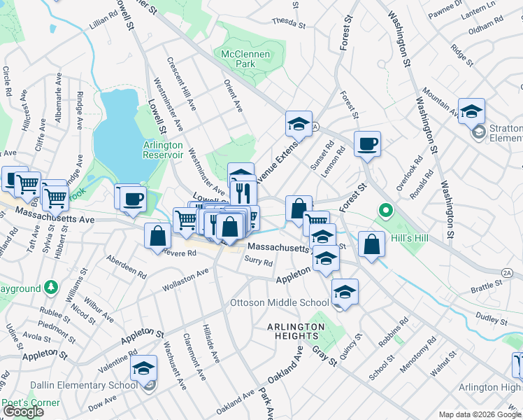 map of restaurants, bars, coffee shops, grocery stores, and more near 2 Viking Court in Arlington