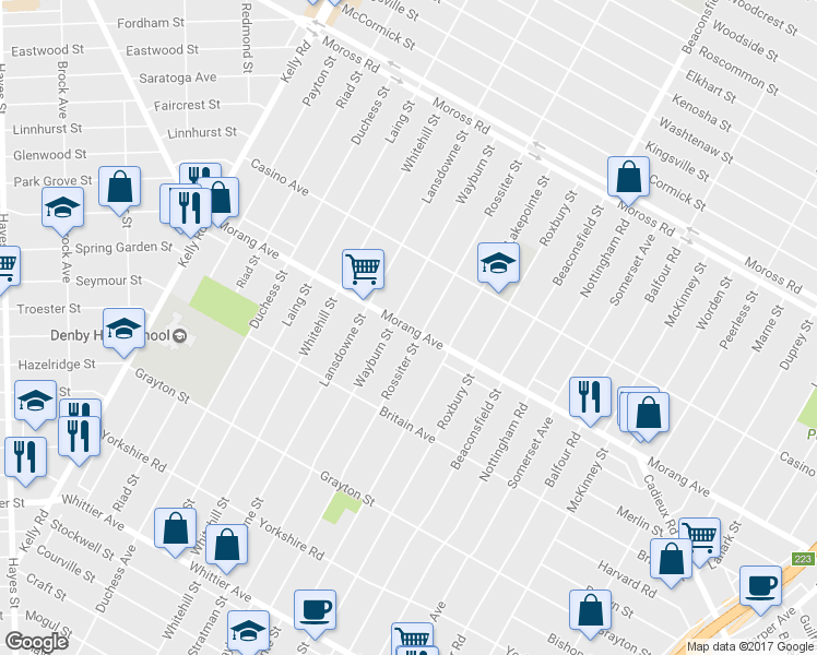 map of restaurants, bars, coffee shops, grocery stores, and more near 11745 Morang Dr in Detroit
