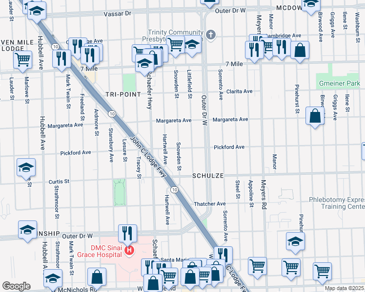 map of restaurants, bars, coffee shops, grocery stores, and more near 18400 Snowden Street in Detroit