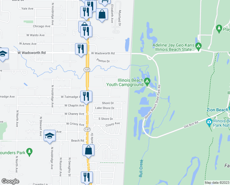 map of restaurants, bars, coffee shops, grocery stores, and more near 9808 Michigan Boulevard in Beach Park
