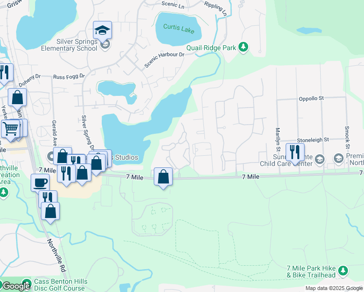 map of restaurants, bars, coffee shops, grocery stores, and more near 19369 East Harbour Village Drive in Northville