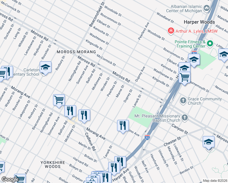 map of restaurants, bars, coffee shops, grocery stores, and more near 10991 Peerless Street in Detroit