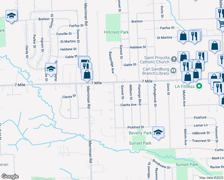 map of restaurants, bars, coffee shops, grocery stores, and more near 18999 Bainbridge Avenue in Livonia