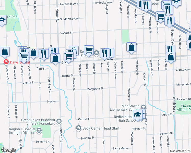 map of restaurants, bars, coffee shops, grocery stores, and more near 18704 Denby in Redford Charter Township