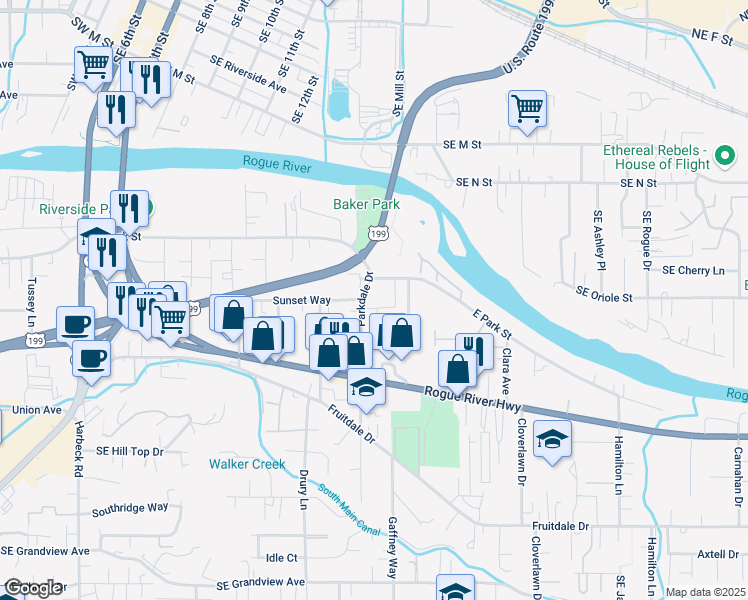 map of restaurants, bars, coffee shops, grocery stores, and more near 1301 Parkdale Drive in Grants Pass
