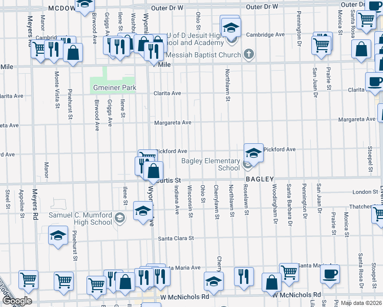 map of restaurants, bars, coffee shops, grocery stores, and more near 18314 Wisconsin Street in Detroit