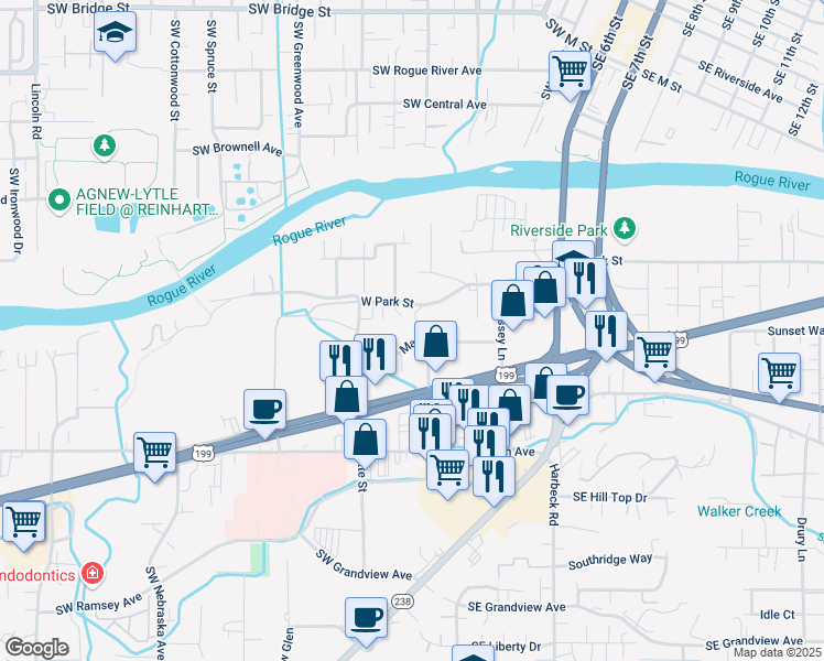 map of restaurants, bars, coffee shops, grocery stores, and more near 424 Marion Lane in Grants Pass