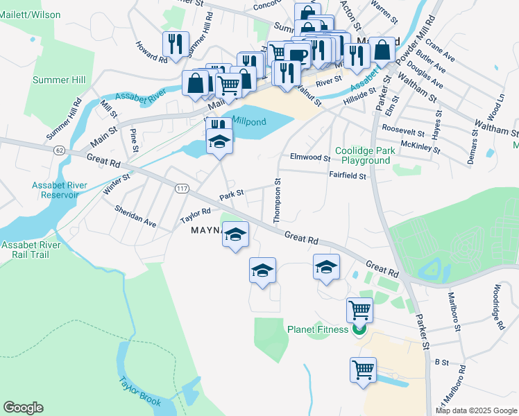 map of restaurants, bars, coffee shops, grocery stores, and more near 11 Sherman Street in Maynard