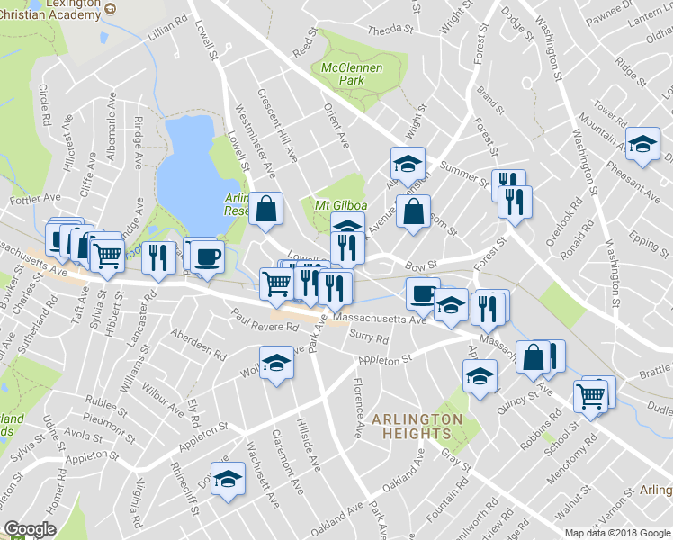 map of restaurants, bars, coffee shops, grocery stores, and more near 3 Park Avenue in Arlington