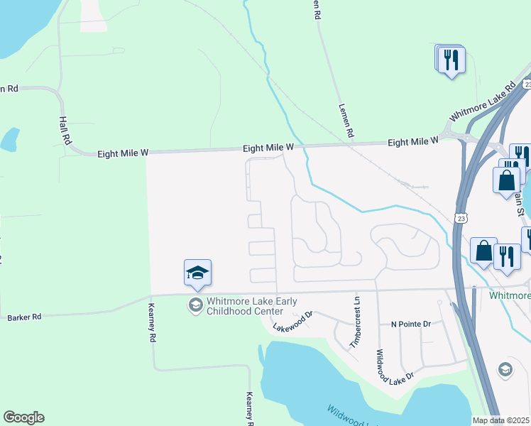 map of restaurants, bars, coffee shops, grocery stores, and more near 634 Turquoise Drive in Whitmore Lake