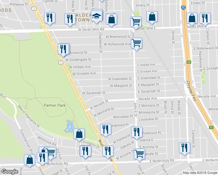 map of restaurants, bars, coffee shops, grocery stores, and more near 205 West Margaret Street in Highland Park