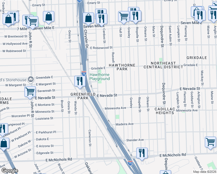 map of restaurants, bars, coffee shops, grocery stores, and more near 18066 Cardoni Street in Highland Park