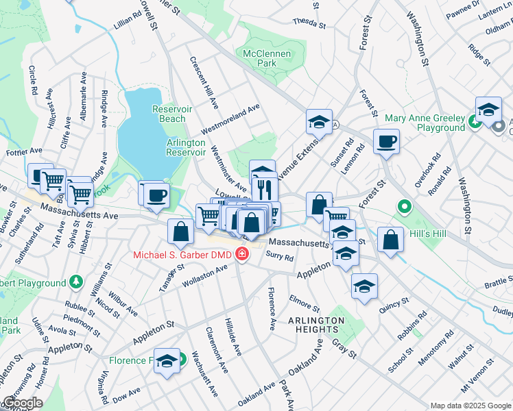 map of restaurants, bars, coffee shops, grocery stores, and more near 112 Lowell Street in Arlington