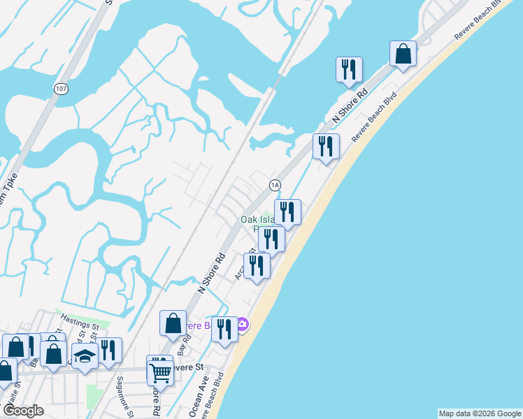 map of restaurants, bars, coffee shops, grocery stores, and more near 792 North Shore Road in Revere