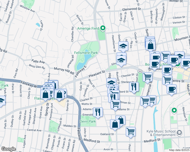 map of restaurants, bars, coffee shops, grocery stores, and more near 502 Pleasant Street in Malden