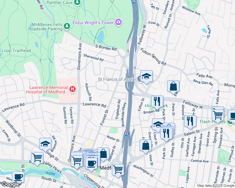 map of restaurants, bars, coffee shops, grocery stores, and more near 17 Valley Street in Medford