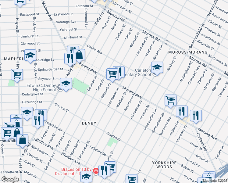 map of restaurants, bars, coffee shops, grocery stores, and more near 11931 Lansdowne Street in Detroit