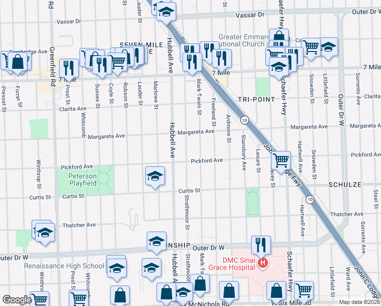 map of restaurants, bars, coffee shops, grocery stores, and more near 18442 Strathmoor Street in Detroit