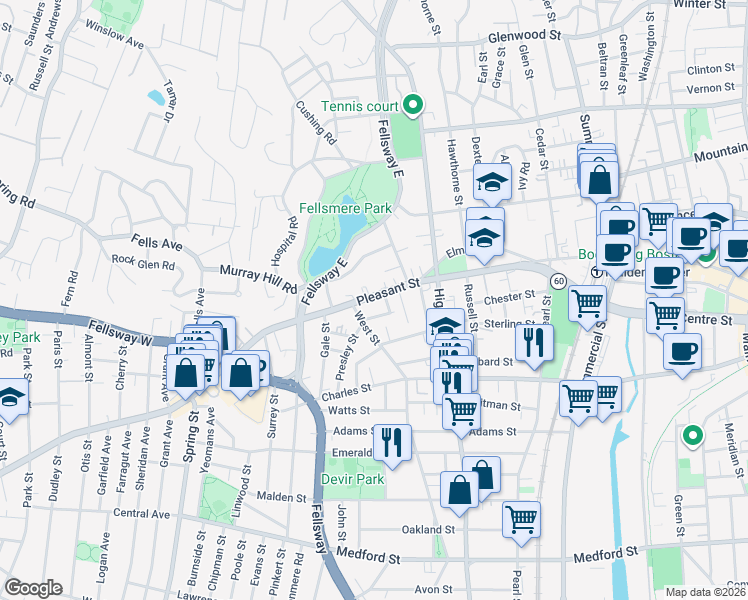 map of restaurants, bars, coffee shops, grocery stores, and more near 510 Pleasant Street in Malden