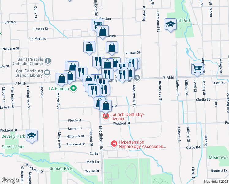 map of restaurants, bars, coffee shops, grocery stores, and more near 29200 Dardanella Street in Livonia