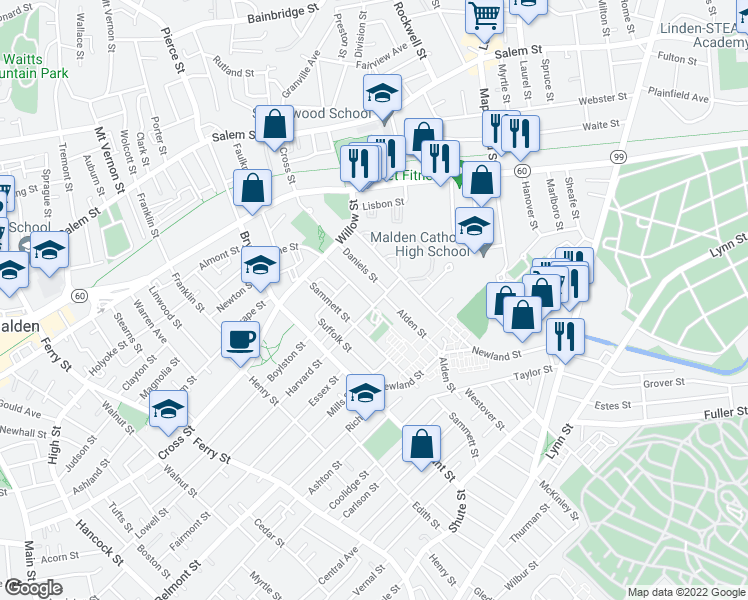 map of restaurants, bars, coffee shops, grocery stores, and more near 140 Lyme Street in Malden
