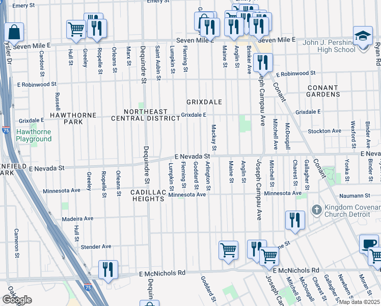 map of restaurants, bars, coffee shops, grocery stores, and more near 18000 Fleming Street in Detroit