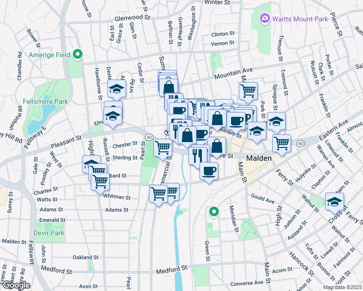 map of restaurants, bars, coffee shops, grocery stores, and more near 25 Commercial Street in Malden