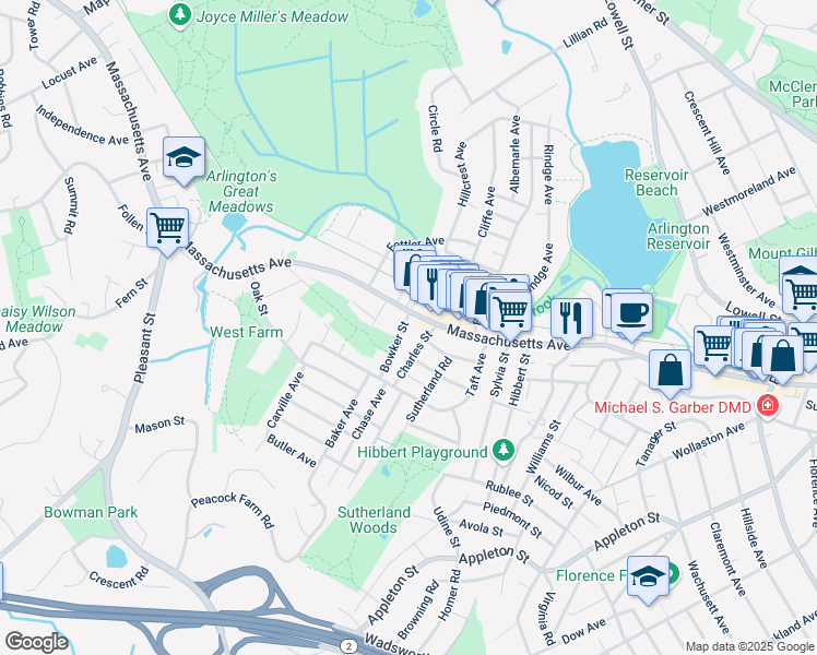 map of restaurants, bars, coffee shops, grocery stores, and more near 4 Bowker Street in Lexington
