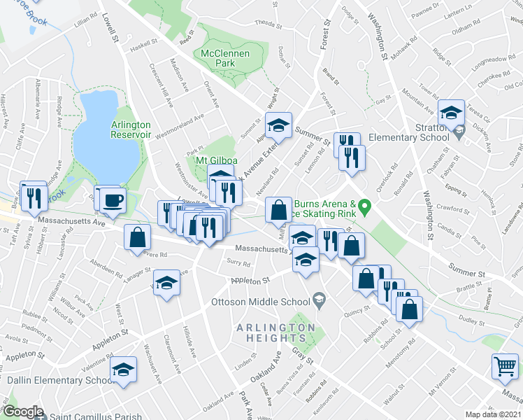 map of restaurants, bars, coffee shops, grocery stores, and more near 78 Bow Street in Arlington