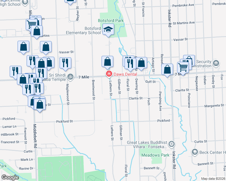 map of restaurants, bars, coffee shops, grocery stores, and more near 18875 Lathers Street in Livonia
